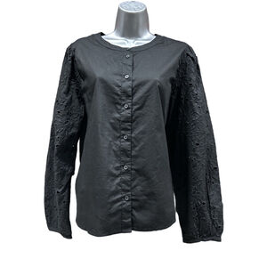 NWT J. Crew Eyelet-sleeve button-front top in black size XL